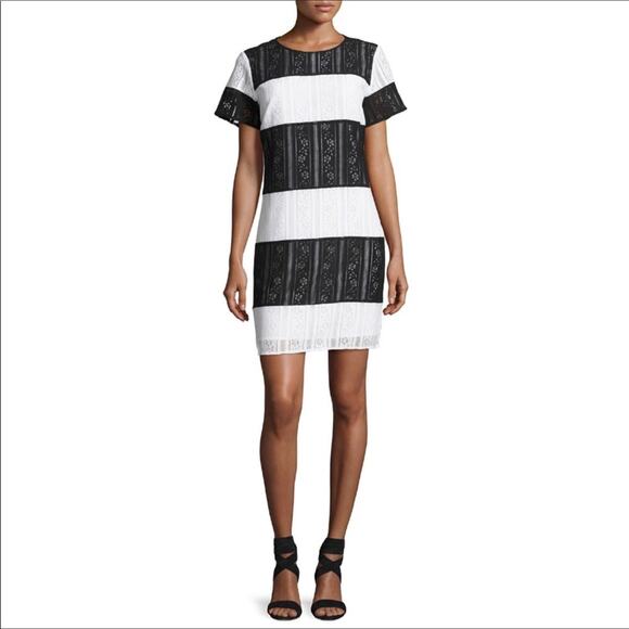 Michael Kors NWT Lace Black White Striped Mod Short Sleeved Shift Dress - Picture 3 of 8